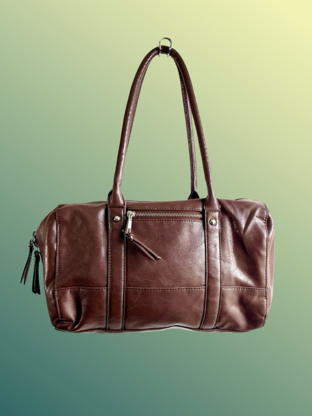 Brown Faux Leather Top Zip Close Dual Handle Barrel Shoulder Duffle Bag